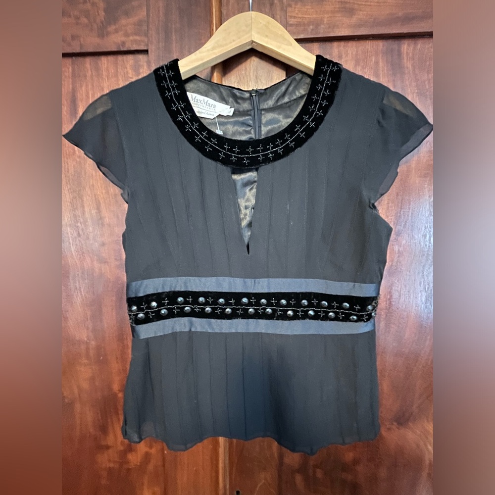 Max Mara Vintage silk top with velvet trim